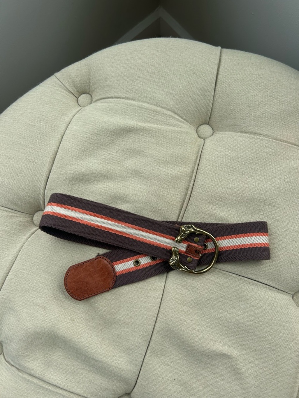 Urban Outfitters Brown Canvas Belt with Orange & White Stripe